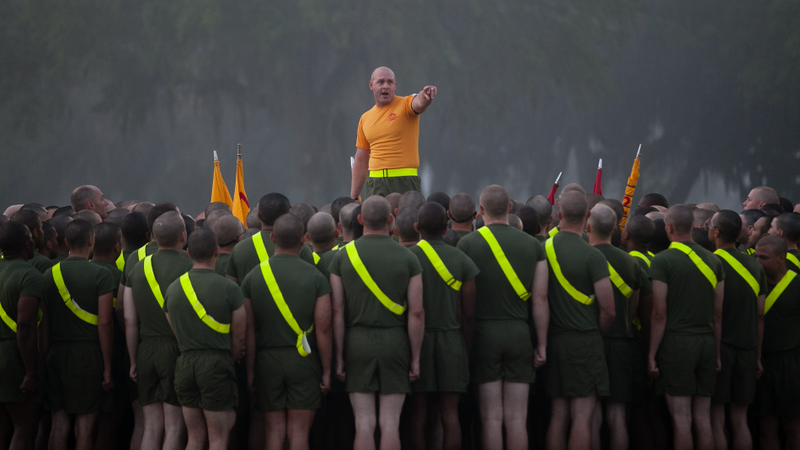 A group of recruits during morning physical training.
